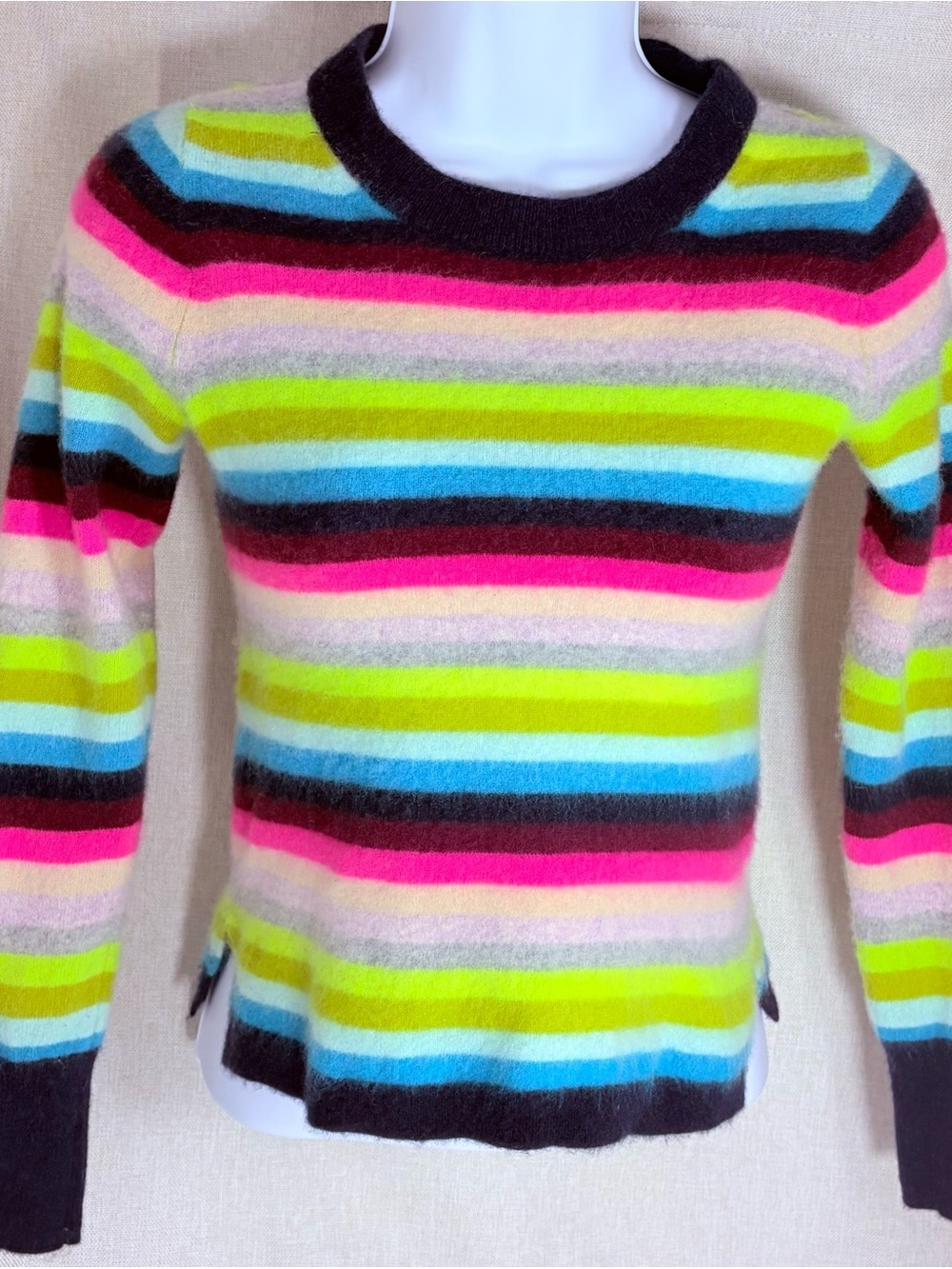 🌈 J.Crew 100% Cashmere Neon Rainbow Stripe Crewneck Sweater | XS